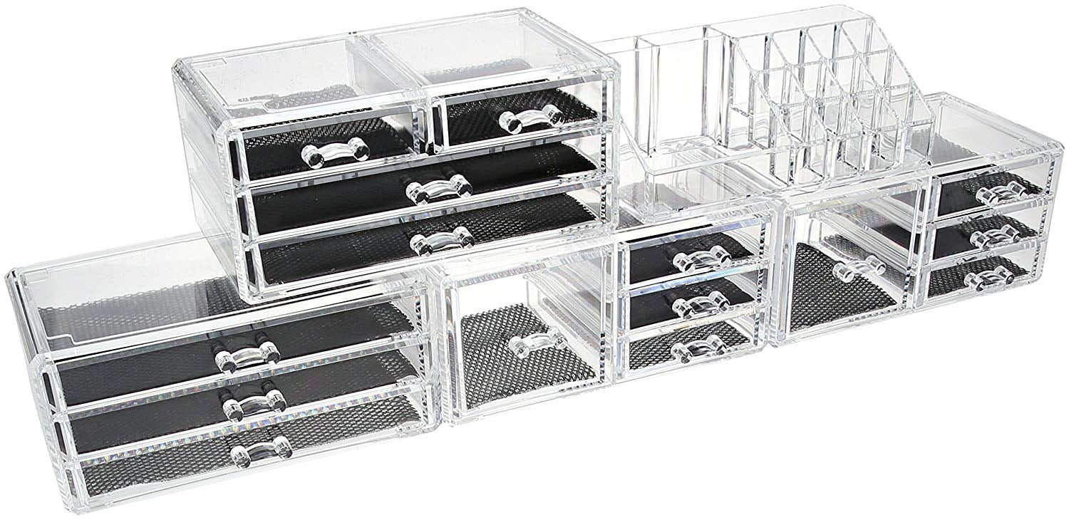Unique Home Acrylic Makeup Cosmetic Organizer 5 Piece Large Set to Conceal Lipstick, Eye,Shadow, Brushes with 4 Storage Drawers, Clear, 5 Piece Set